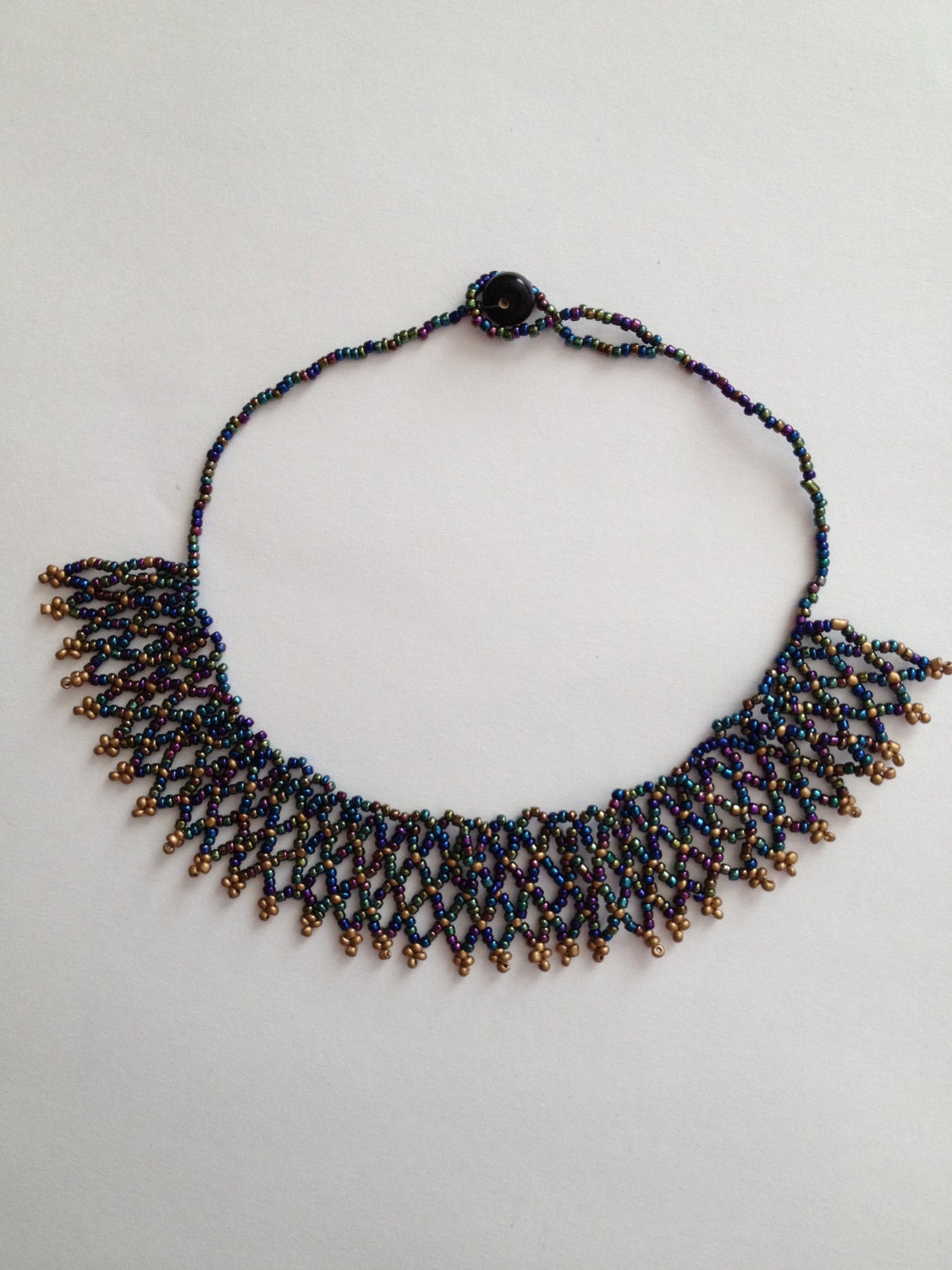 Peacock color beaded Necklace -Dark blue and gold necklace - Seed bead necklace