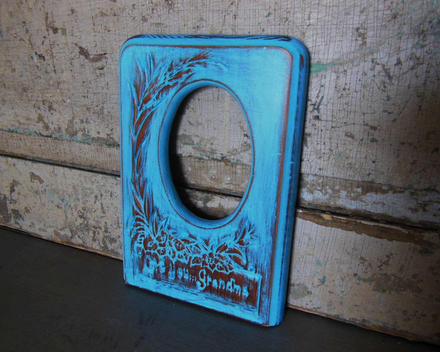 Love You Grandma Picture Frame Wood Painted Turquoise Distressed