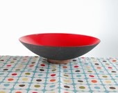 Vintage Krenit Style Red Enamel Bowl With Wooden Foot