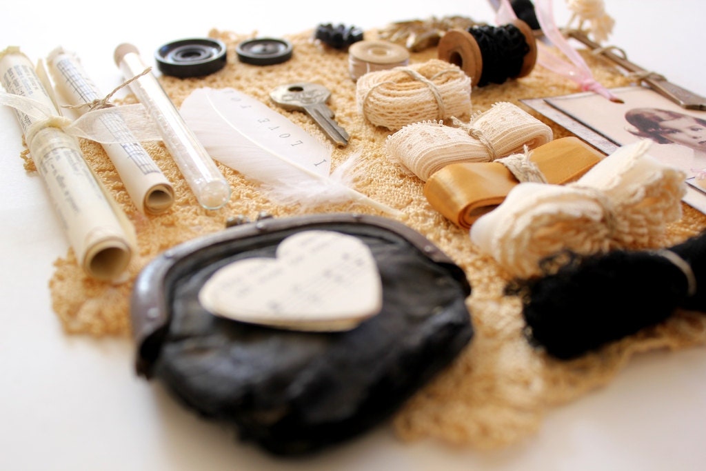 Vintage Kit No. 5 - antique journal kit coin purse i love you feather buttons ribbon lace costume jewelry heart cream black skeleton key