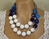 Chunky Double Strand Statement Necklace Bright Blue, and White, Glacier