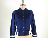 50s Blue Sailor Sweater . Pin up Rockabilly Retro . Button Front Cardigan . Small
