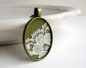 Flower Necklace Spring Garden Moss Green Jewelry, Woodland Lace Pendant Necklace, Olive Green Necklace, Lace Jewelry