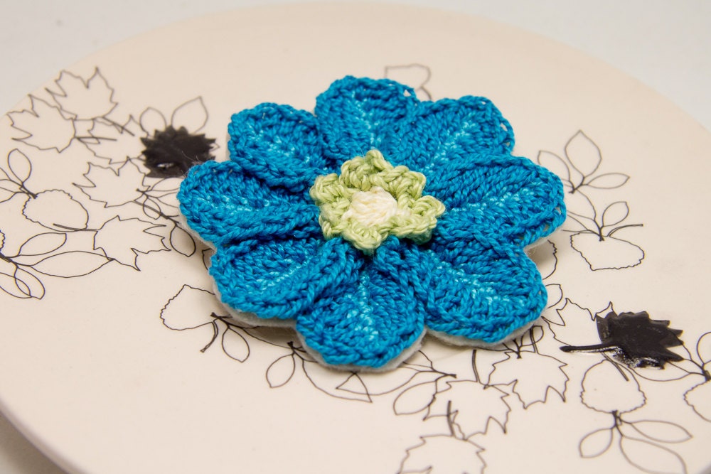 Blue Crochet Brooch with Felt Backing