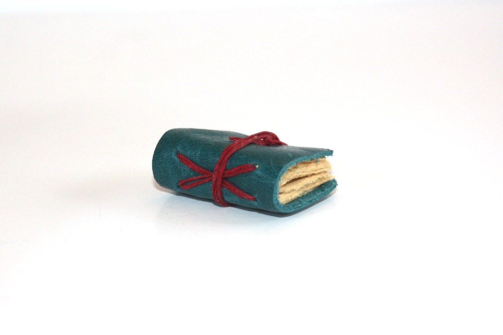 Tiny Aqua Leather Journals with Red waxed Linen
