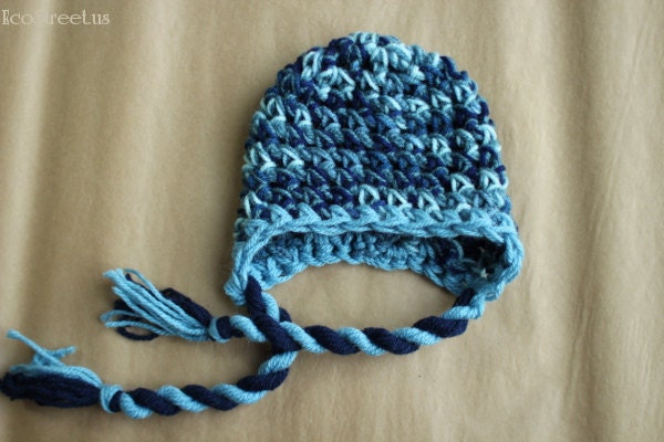 Baby Boy  Hat, Newborn Crochet Hat  in Navy and Blue with Earflap, Great for Photo Prop
