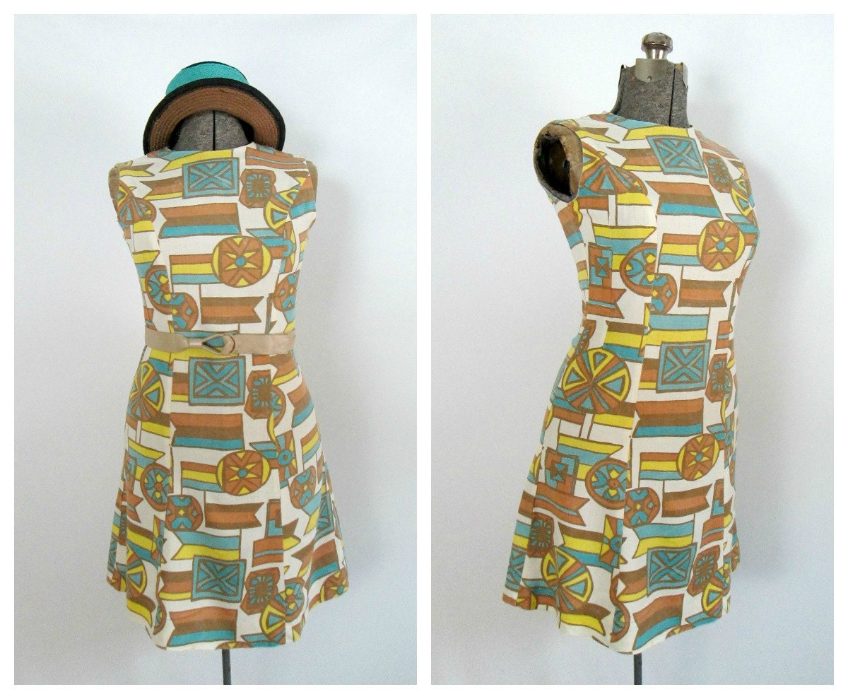 1960s Mod Mini Dress Sleeveless Linen Abstract Print Daydress A-Line Shift