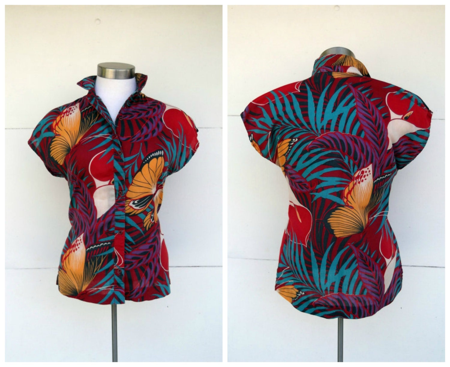 Vintage Tropical Butterfly Print Blouse 1970s
