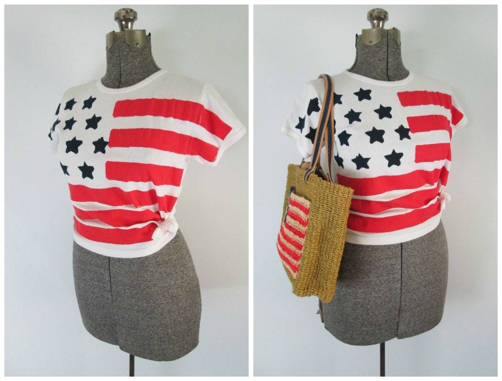 1980s American Flag T Shirt Women Young Adult Vintage Cotton Painted Pullover