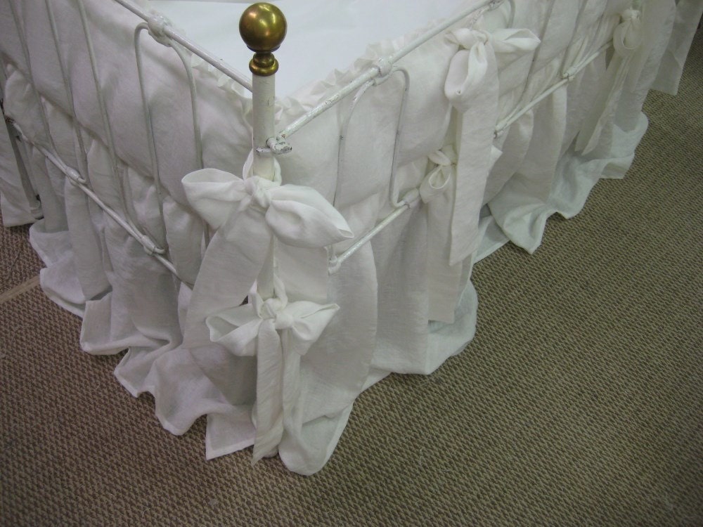 Vintage White Washed Linen Ruffled Crib Bedding- Custom Fit Bumpers for Cribs with Even Number of Spindles