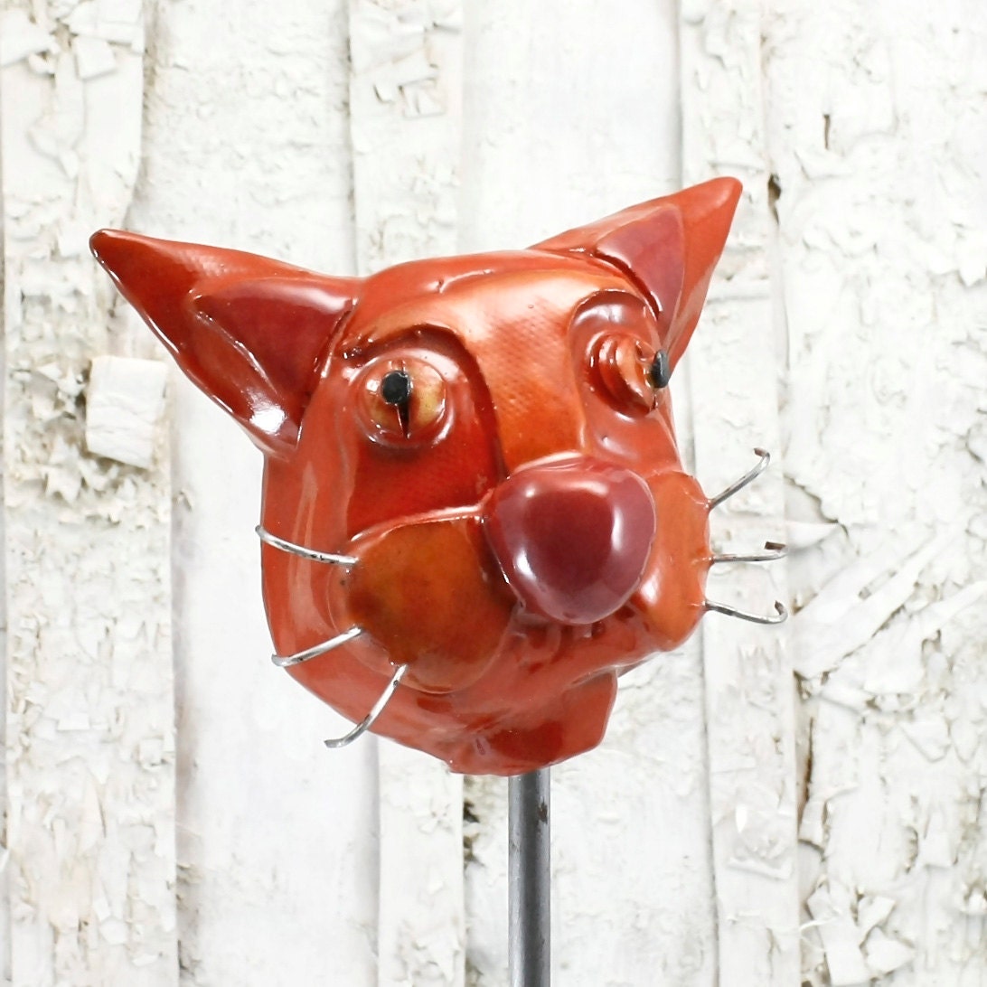 Garden Art: Orange Cat ceramic sculpture for outdoor decor, includes a 3' stake