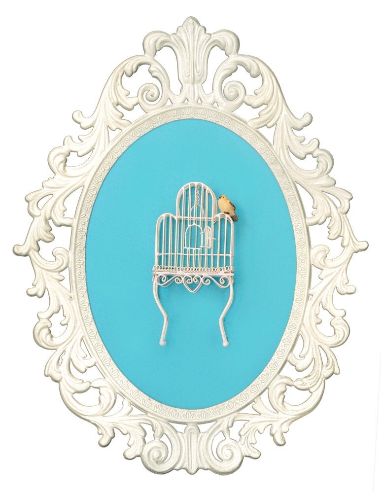 Birdcage with Bird - Victorian Framed Object - Wall Art Decor 10.5x13.5