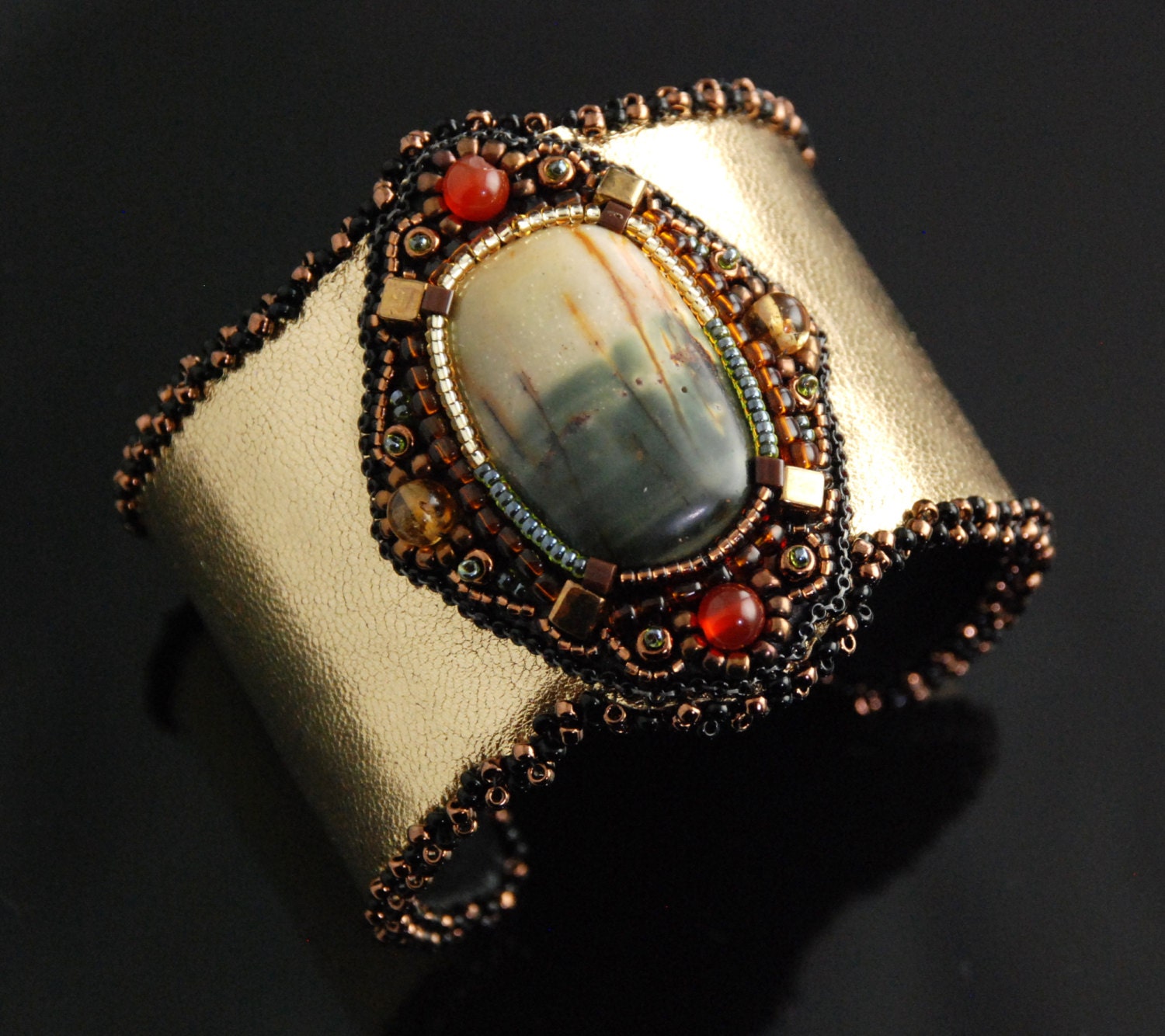 Cattails - Large Elegant Statement Bracelet, Large Bead Embroidered Cuff, Metallic Leather Bracelet Cuff