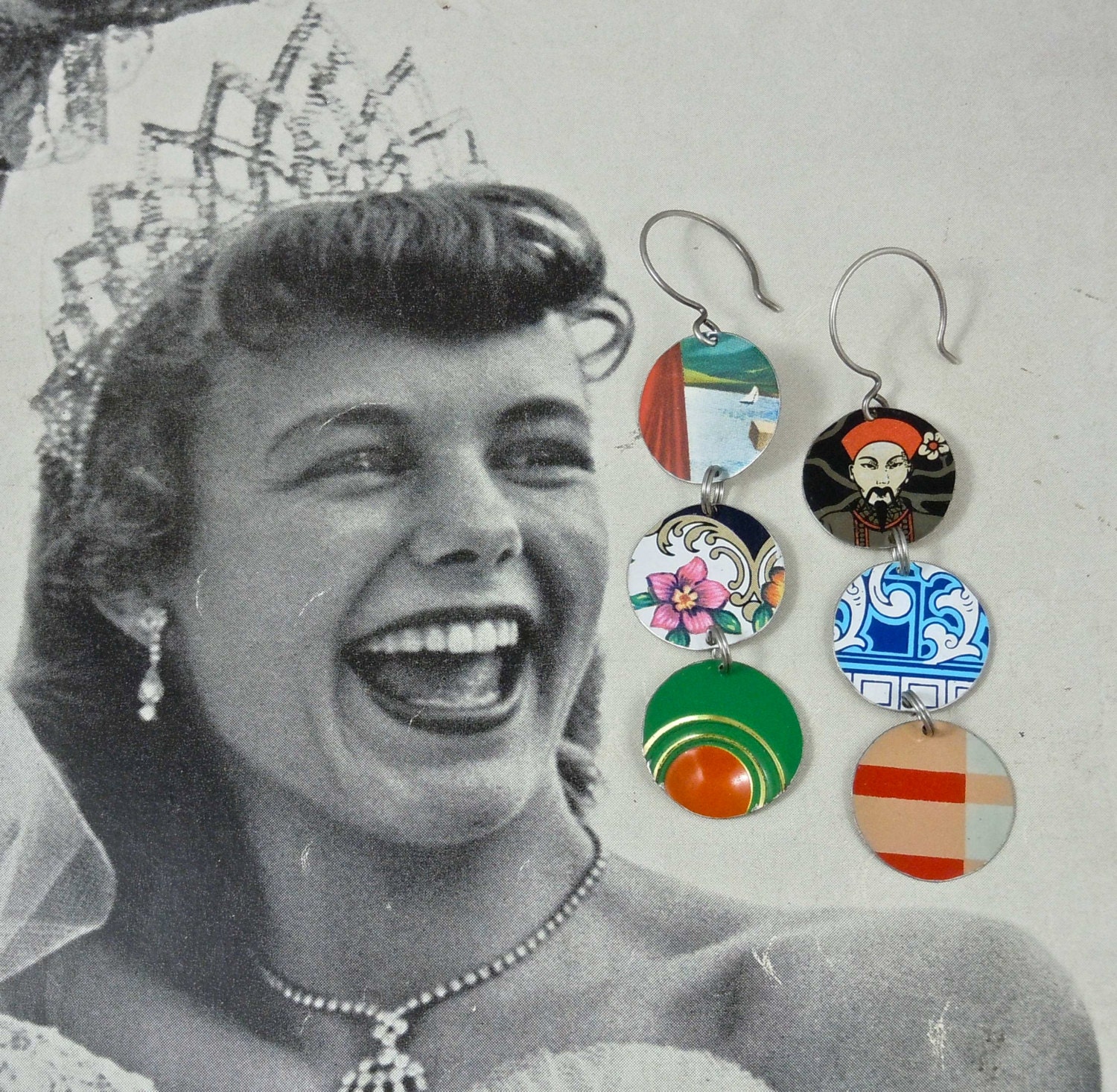 Recycled Tin, Upcycled Tin, Vintage Tin, Vintage Metal, Earrings, Tin Can, Tin Earrings, Floral, Vintage Can, Recycled Can, asian, flower
