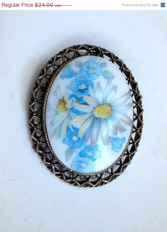 ON SALE Vintage French Blue Floral Patterned Oval Porcelain Brooch Pendant 2-in-1 Combination in Filigree Setting