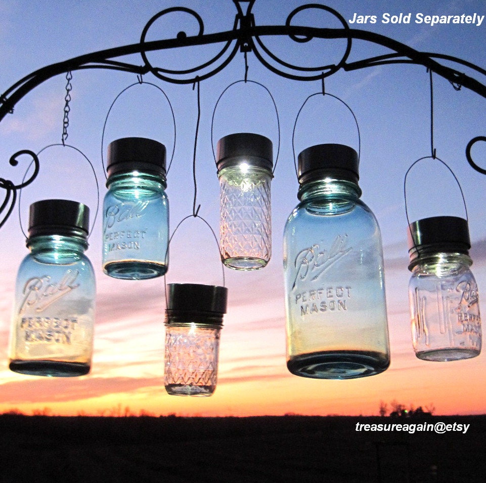 Garden Solar Jar Lights 6 Mason Jar Solar Lids Garden Decor, Weddings, Outdoor and Garden Lighting, 6 Hanging Mason Jar Lids Only, No Jars
