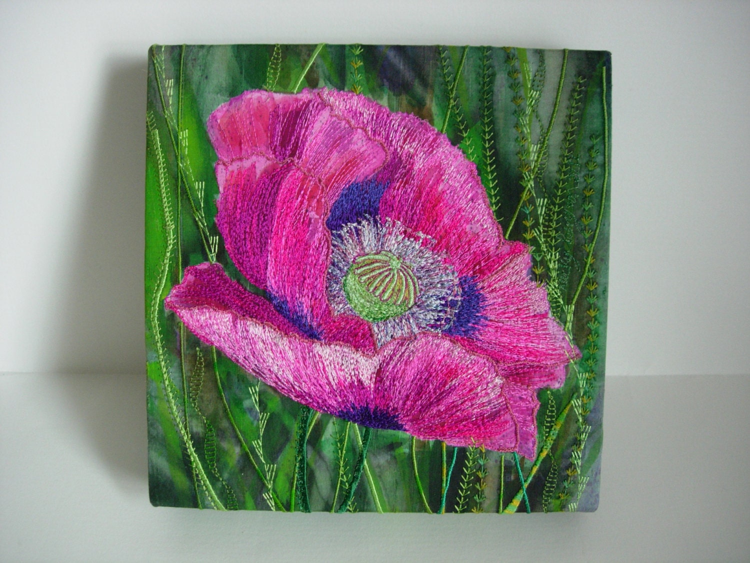 Hot Pink Poppy Machine Embroidery Picture Canvas Textile Wall Art OOAK