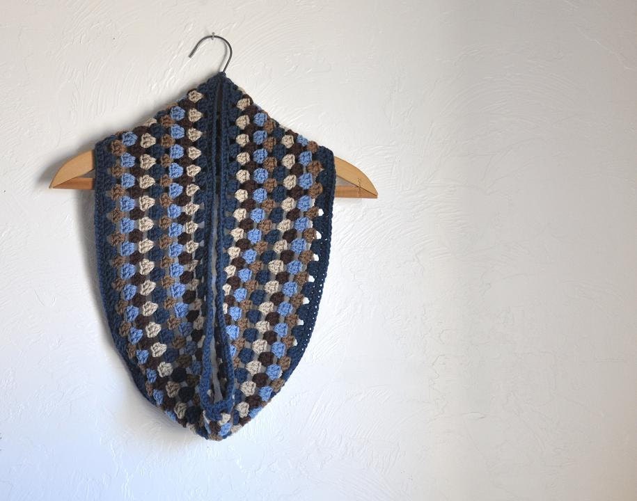 Infinity Scarf Crocheted Granny Style Cowl Women's Neck Warmer Blue Brown