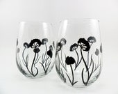 Stemless Wine Glasses Black Flower Contemporary Design Hand Painted Set of 2