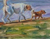 Dogs, Two dogs walking, original oil by Carol DeMumbrum