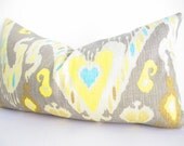 Lumbar Pillow Cover, GRAY lumbar pillow, ikat lumbar pillow, ikat cushion, grey cushion, Mustard Yellow, Teal Blue, Lumbar Throw Pillows