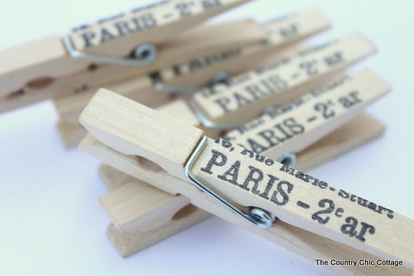 Paris France French Post Mark Stamped Clothespins Set of 5 -- your choice of color