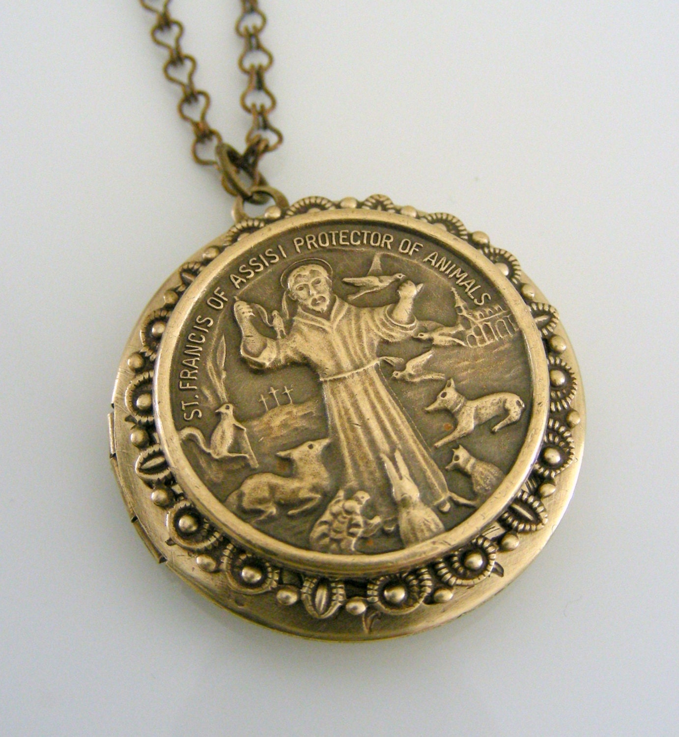 Locket Necklace Saint Francis - Vintage Brass - Dog Rabbit Bird Squirrel - Handmade