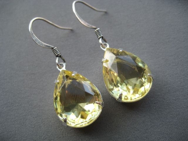 Yellow Rhinestone Earrings - Yellow Jewelry - Jonquil Earrings - Pear Shaped Earrings - Rhinestone Jewelry - Summer Jewelry - Glass Earrings