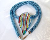 Necklace Lampwork leaf  blue Pendant glass mureno knitting with beads