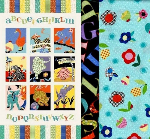 Easy Fabric Panel Quilt Kit  Animal Alphabet Baby Quilt Vintage Thirties Look