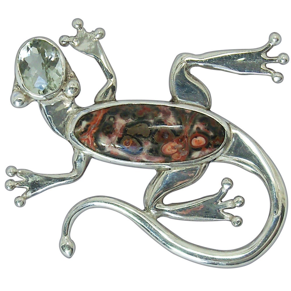 Gecko Brooch in Sterling Silver with Prasiolite and Leopardskin Jasper gemstones  brlsjk2166