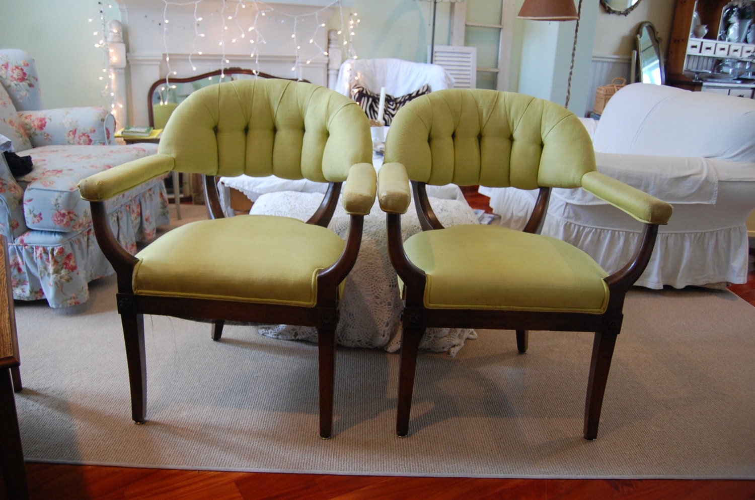 Vintage Tufted Arm Chairs with Lime Green Fabric Mid Century at Retro Daisy Girl