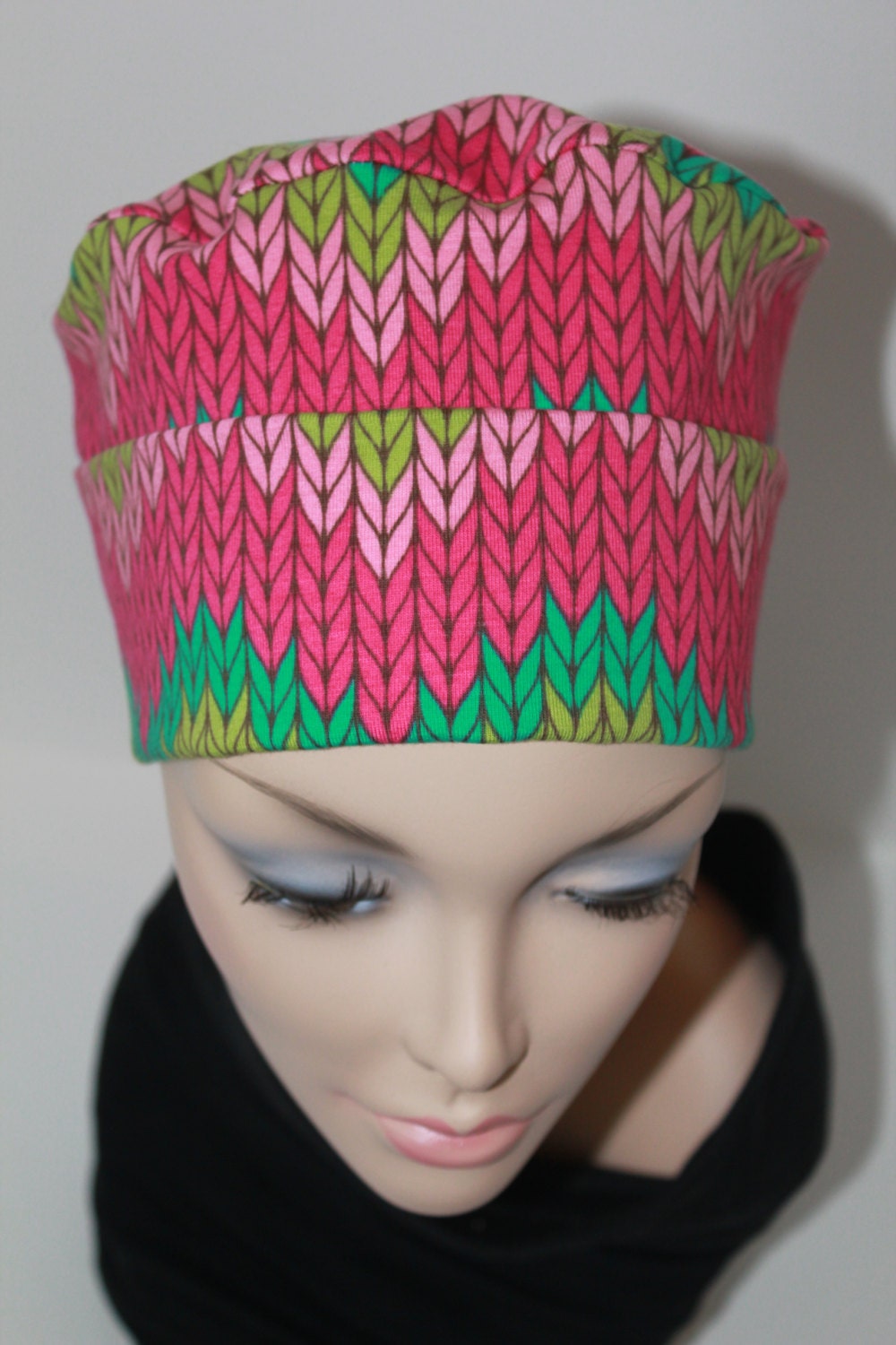 Chemo Hat Cancer Cap Soft Cotton Pink and Green Jersey Knit Free Ship in USA