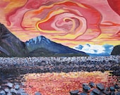 Painting of Sunset and Mountains Print 15" x 7.5" - Abstract Alaska Landscape