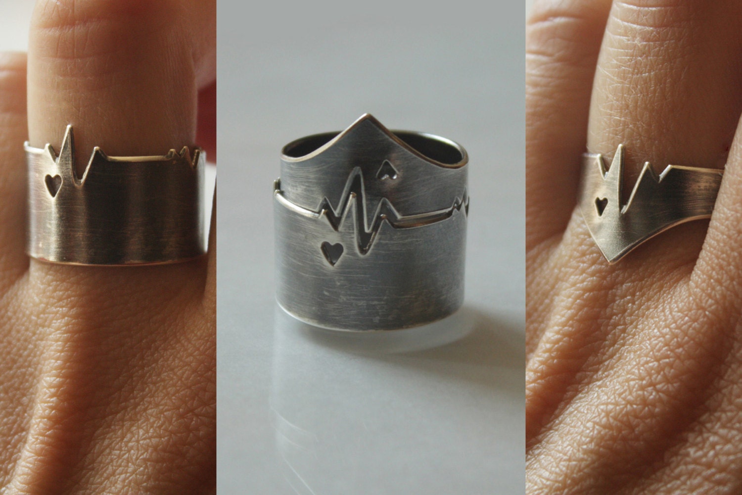 TWO HEARTs ONE BEAT. Personalized cardiogram rings for two or one big stacking ring. White mat or black oxidized finish.