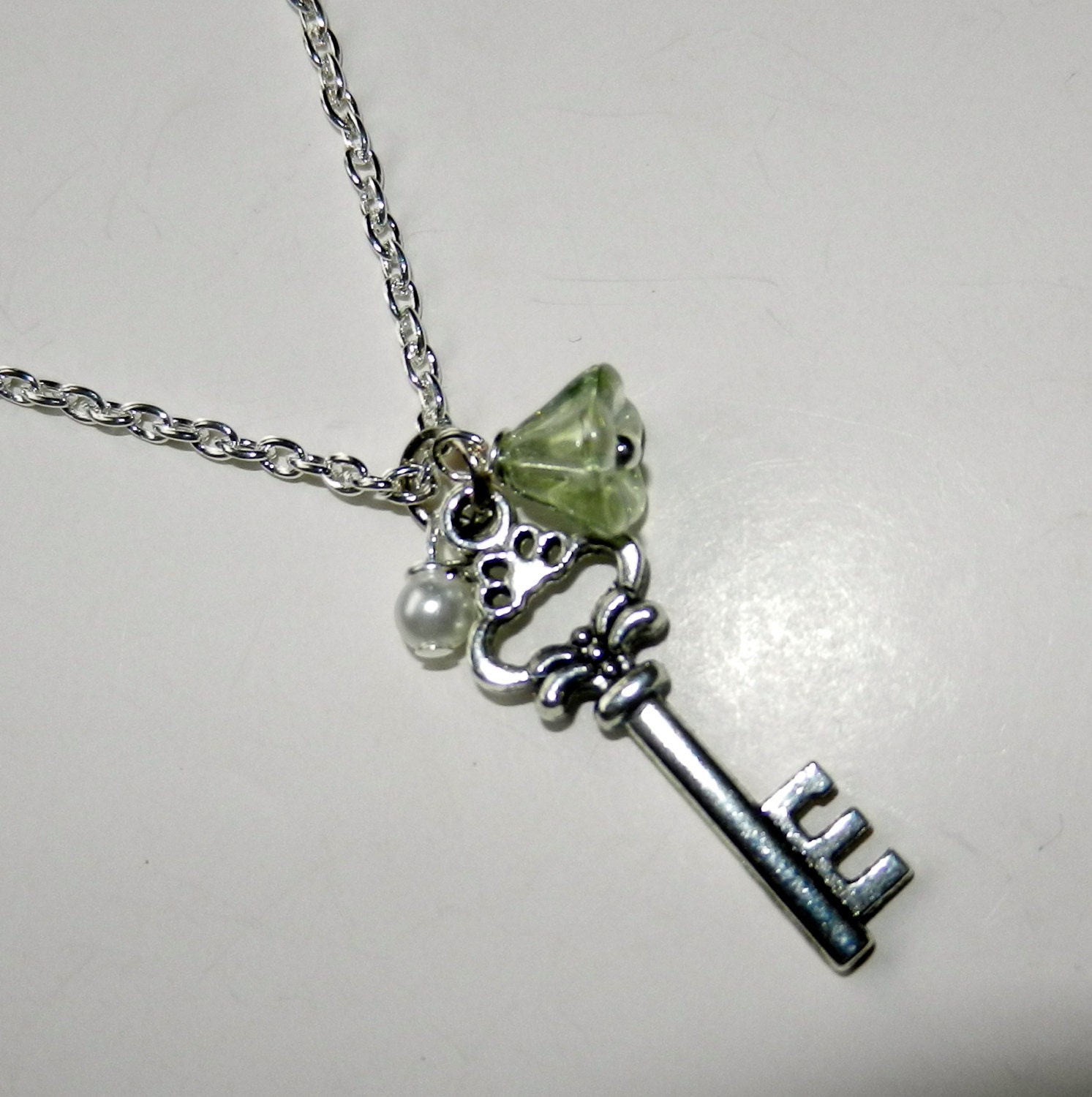 Silver Key Charm Necklace with Pearl and Flower (Choose your color)