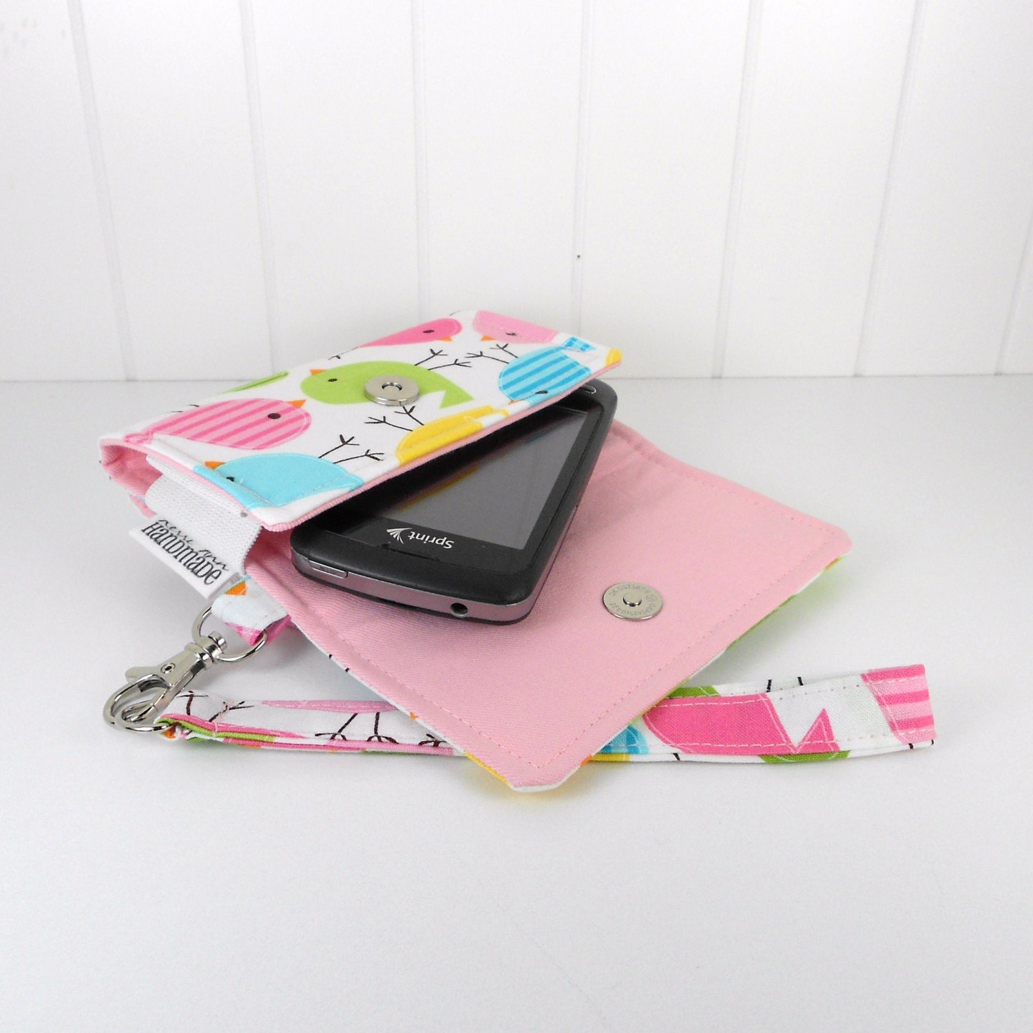 The Errand Runner - Cell Phone Wallet - Wristlet - for iPhone/Android - Birds in Spring/Pink