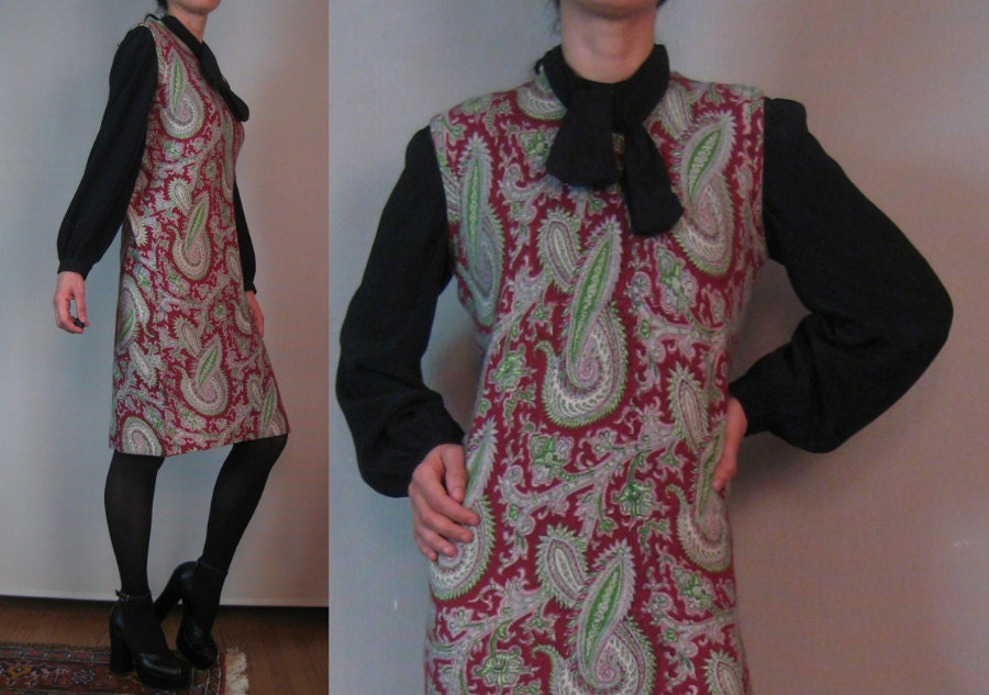 Vintage 50s 60s CASHMERE PAISLEY SCOTLAND Sweater Claret Wine Emerald Green Knit Sleeveless Sheath Mini Dress Small Medium m/l 1950s 1960s