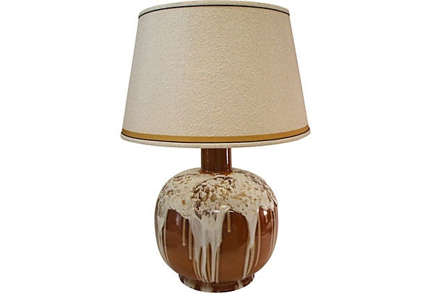 Creamy White Marshmallow Drip Glaze Large Round Amber Brown Ceramic Lamp with Original Shade