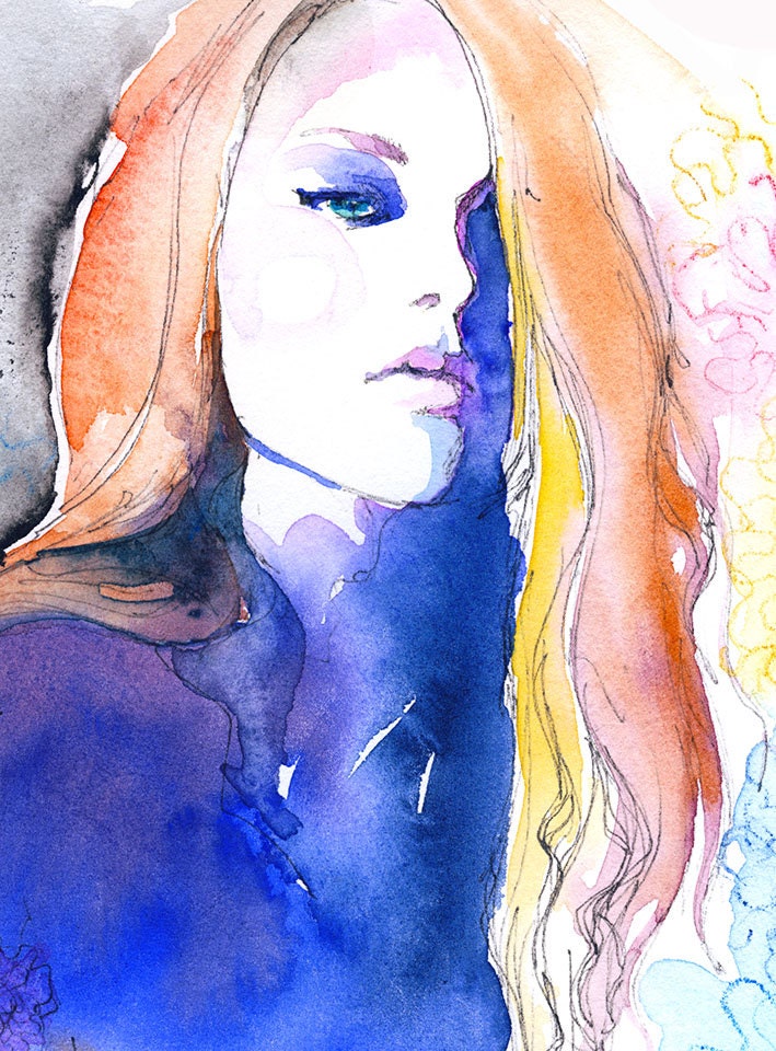 Print of Watercolour Fashion Illustration. 8.5" x 11". Titled: Blue