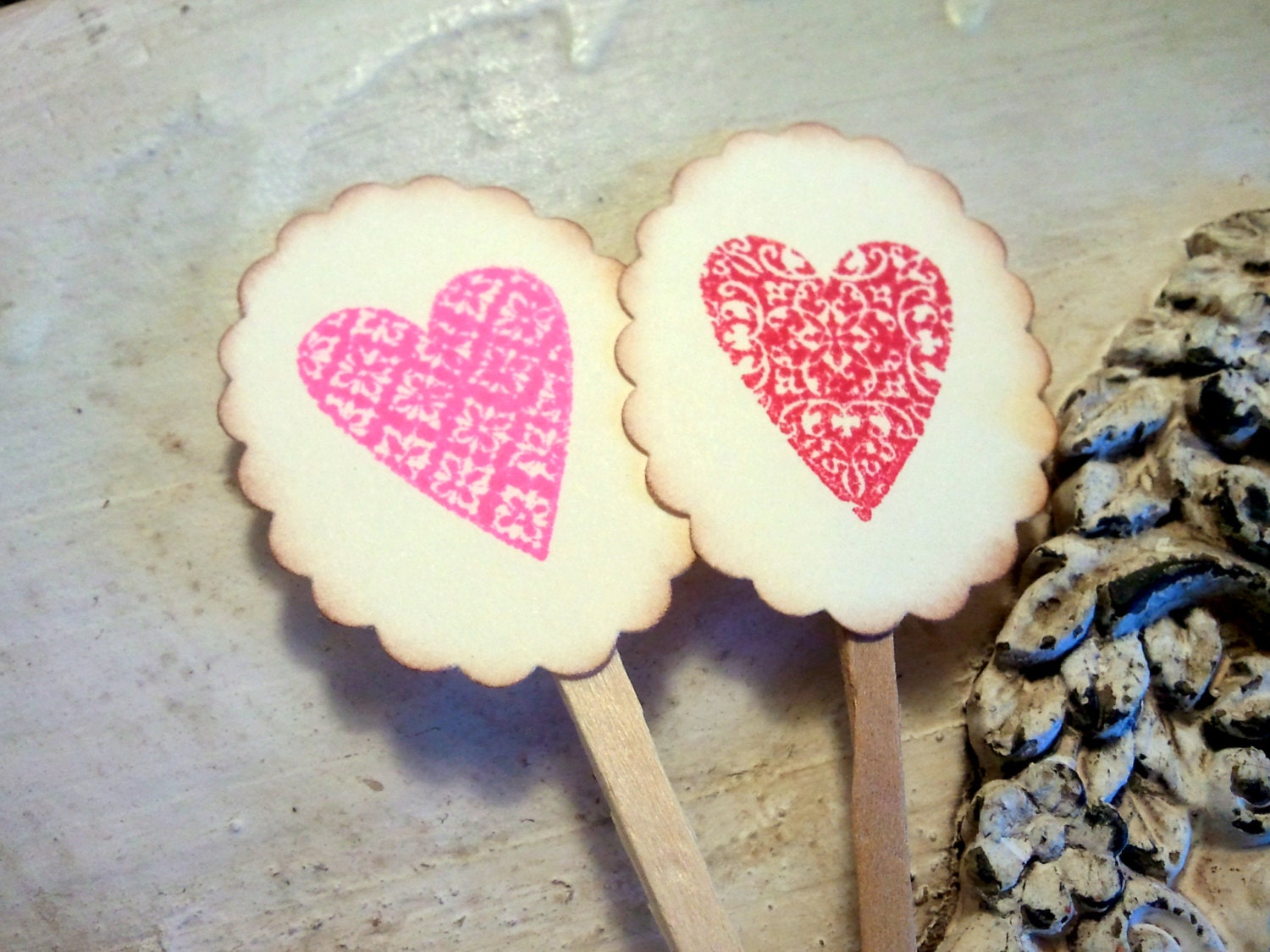Heart Cupcake Toppers, Wedding and Valentine Cake Decorations, Food Picks, Set of 12