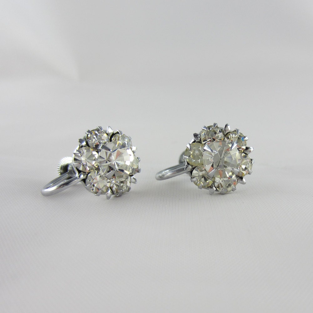 Vintage Clip on Earrings. Daisy Flower Rhinestone Earrings, Circa 1960s.