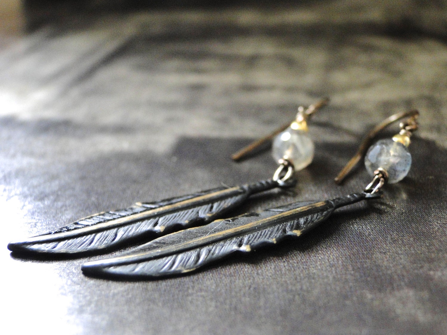 SPRING SHOP SALE - Dangle Earrings - Feather Earrings with Labradorite Gemstones, Accessories