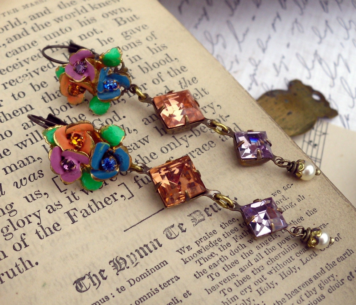 Wild Flowers, Vintage Rhinestone and 1940s Austrian Enamel Flower Assemblage Earrings