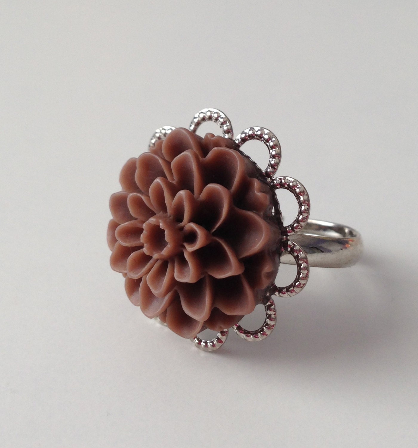 Brown Mum Flower Cabochon Ring - Matte, Adjustable, Silver Metal Scallop Setting