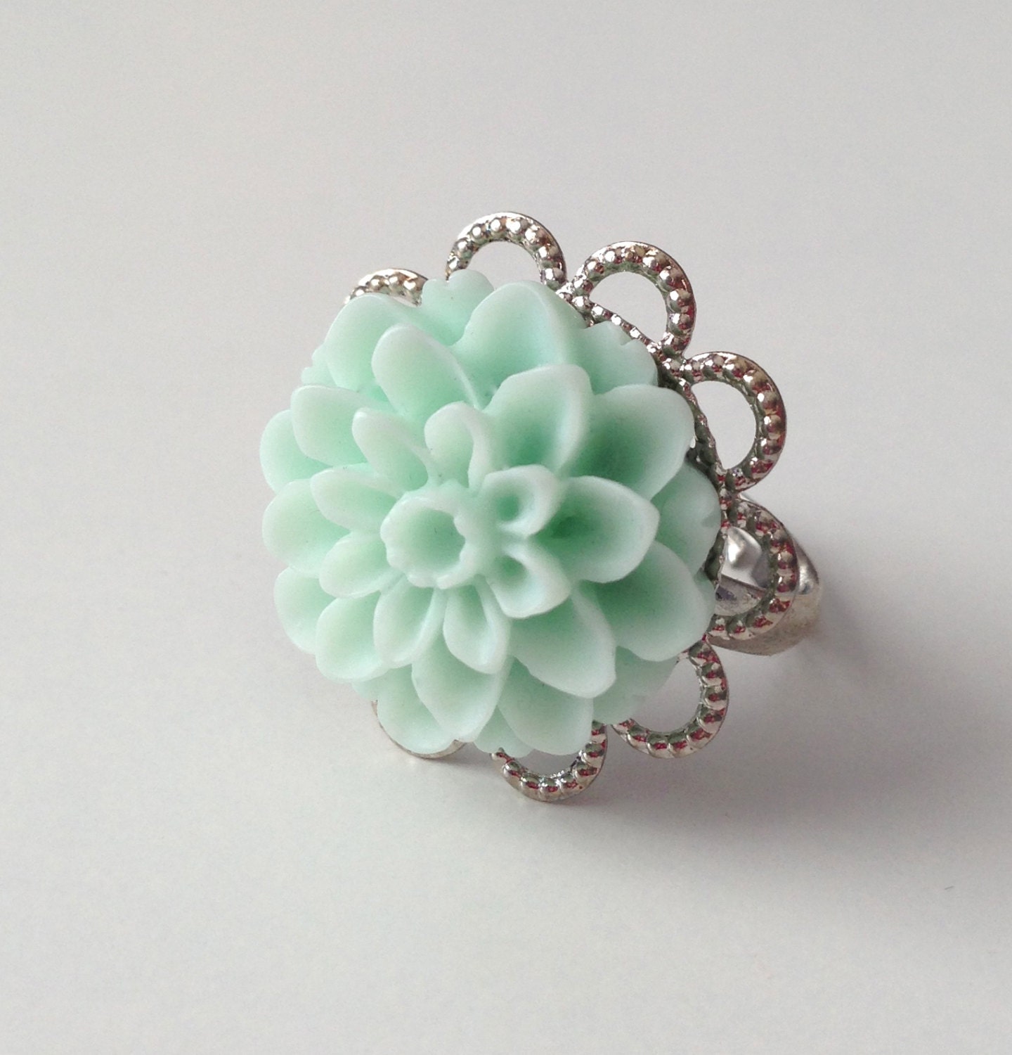 Light Aqua Mum Flower Cabochon Ring - Matte, Adjustable, Silver Metal Scallop Setting