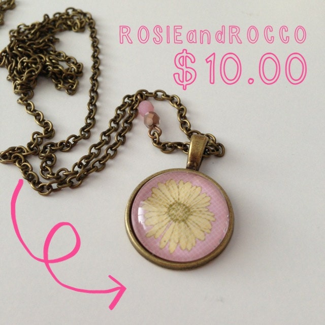 Yellow and Pink Mum Glass Cabochon and Paper Pendant Necklace