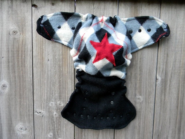 Upcycled Wool Nappy Cover Diaper Wrap Cloth Diaper Cover One Size Fits Most Black Gray White  LIL Man Argyle With Star Applique