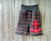Upcycled Wool Shorties Soaker Cover Diaper Cover Black/Red Stripes With Anchor Applique MEDIUM 6-12M Kidsgogreen