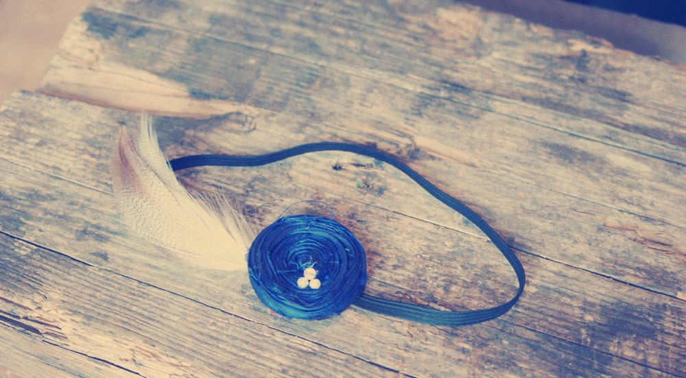 Vintage Style Blue Rosette Feather Stretch Headband